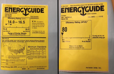 An AC SEER label next to a furnace AFUE label