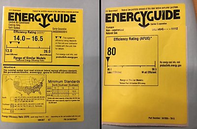 An AC SEER label next to a furnace AFUE label