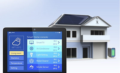 Smart home pulled up on tablet screen with house graphic in background
