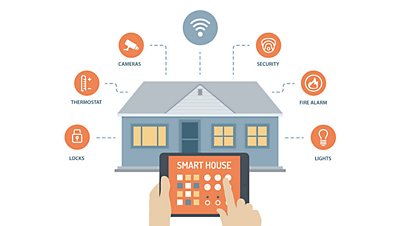 Illustration of hands controling smart home on tablet with house and icons in background