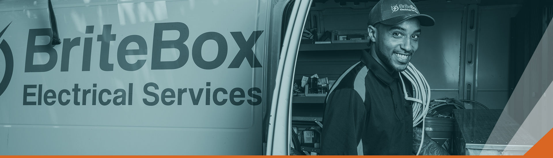 Britebox technician standing at back for van