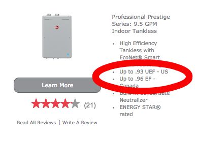 Water heater energy factor listed on rheem.com