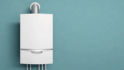 New white tankless water heater with turquoise wall in background