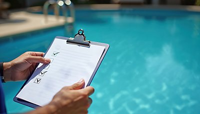 Tech with a checklist inspecting the pool area