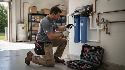 Tech installing a whole home water filtration system in a Florida garage