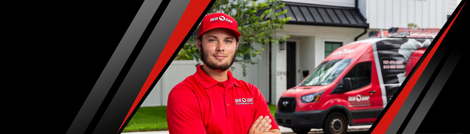 Red Cap plumber in front of a Tampa home