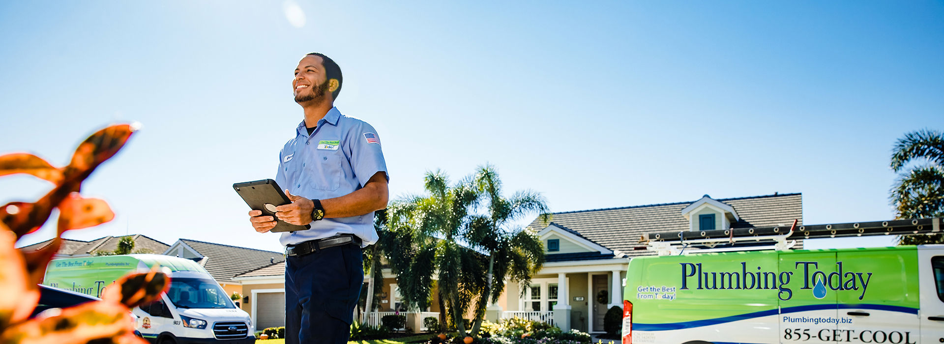 Plumbing Today technician walking up to home to provide service.