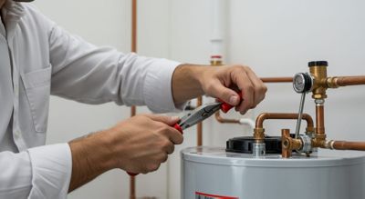 technician in white shirt working on hot water heater