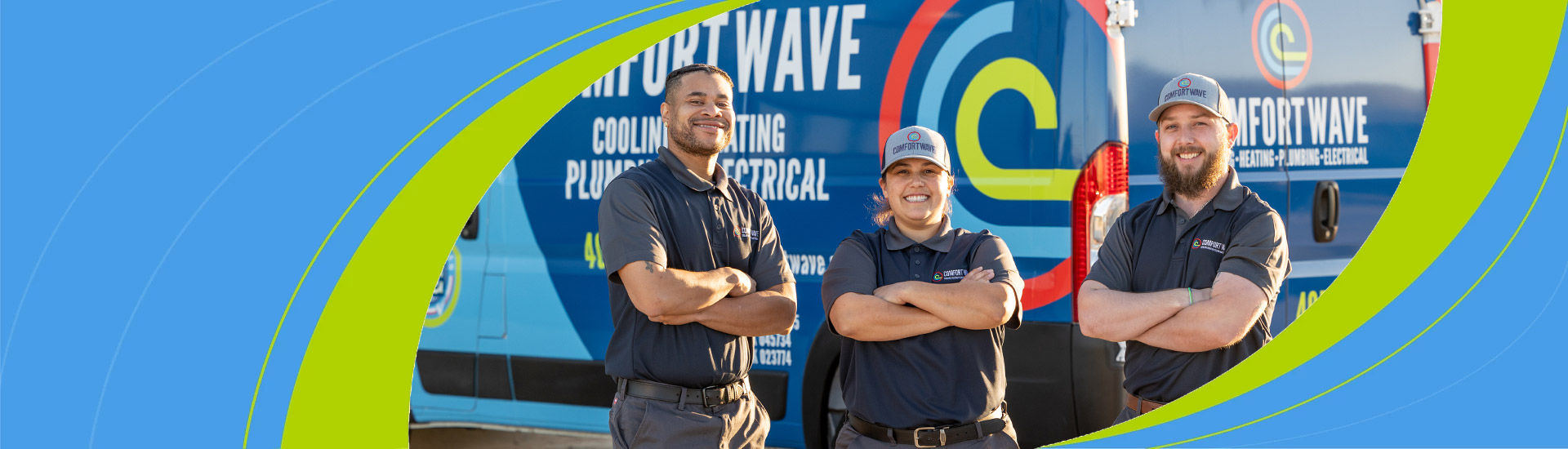 Comfort Wave HVAC techs in front of a service vehicle