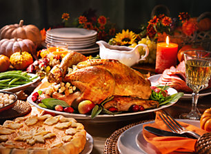 Table full of Thanksgiving food.
