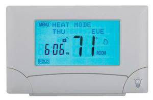 White thermostat with blue screen display