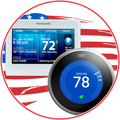 Honeywell and Google Nest thermostat in front of American flag