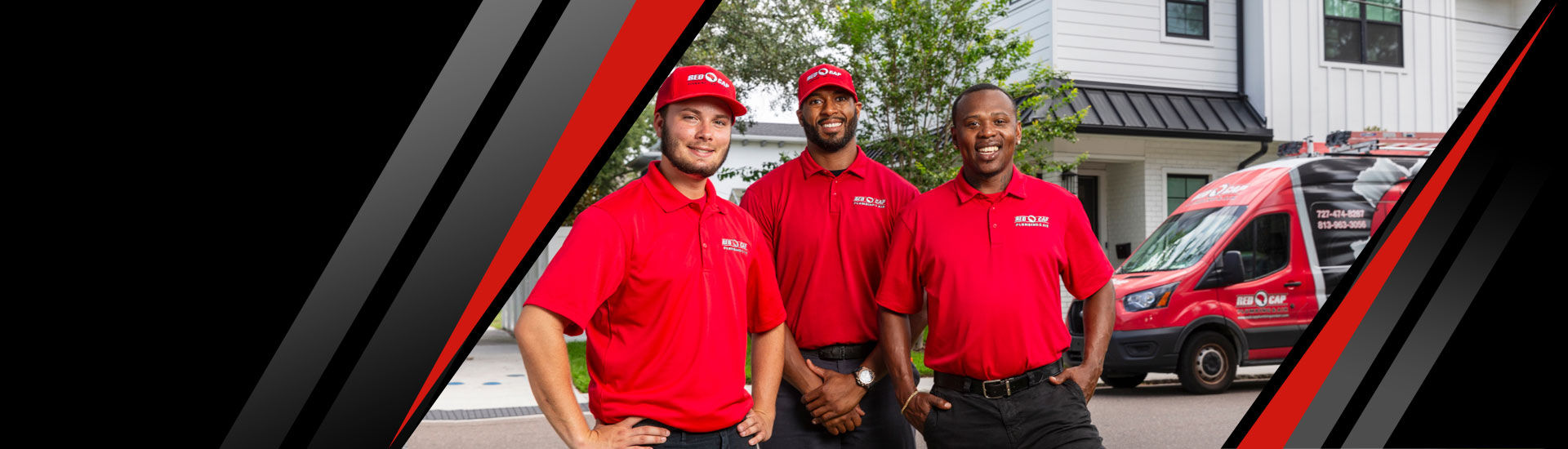 Red Cap plumbers in front of a Tampa area home