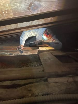 Tech crawling through attic