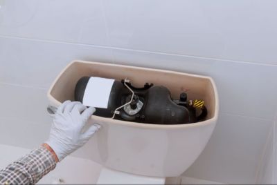 The inside of a toilet's tank