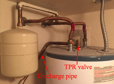 Red arrows pointing at discharge pipe and TPR valve on water heater