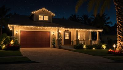 Home and palm tree decorated with Christmas lights