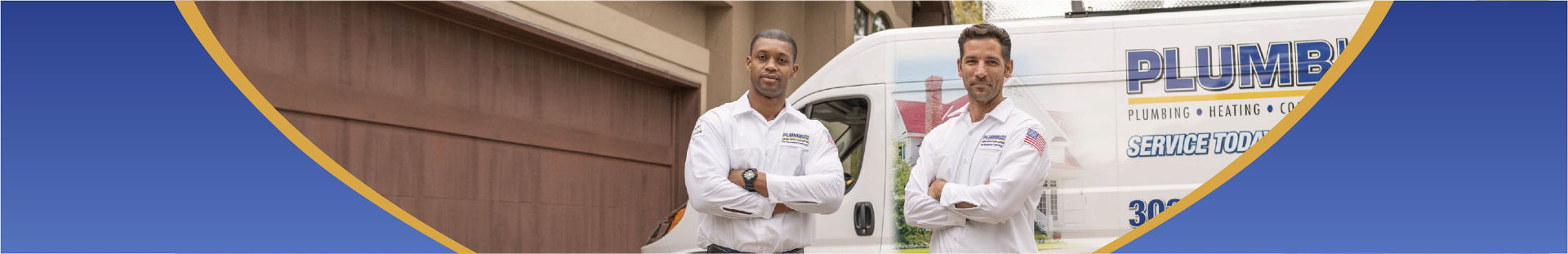 Two Plumbline technicians standing in front of van