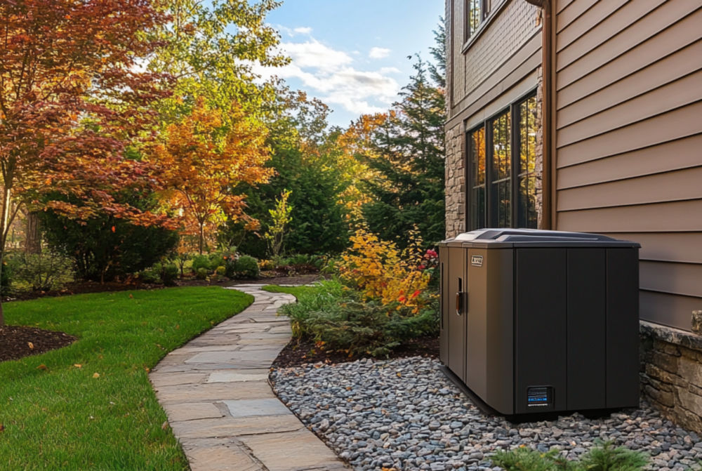 home generator outside home by yard with trees changing color for fall