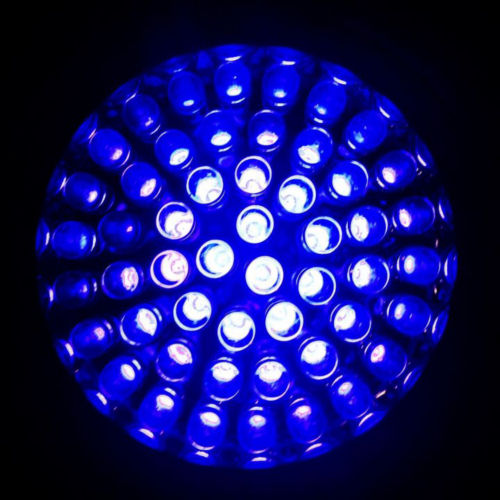 A circular blue light fixture