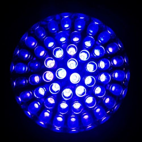A circular blue light fixture