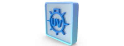 3D light blue block with a dark blue sun and the letters "UV"
