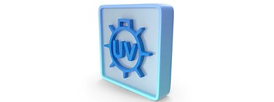 3D light blue block with a dark blue sun and the letters "UV"