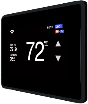 black rectangular hvac controller showing 72 degrees 