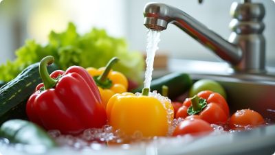 Bell peppers, tomatoes and cucumbers being washed in the kitchen sink