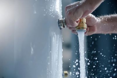 Water heater sediment flush procedure showing water flow from valve.