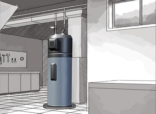 A sketch rendering of a garage that has a water heater installed