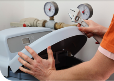 Hands opening a water softener