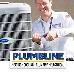 Plumbline HVAC tech repairing an AC system