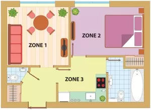Image of a floor plan with zones marked off