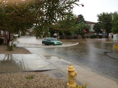 A car moving on a road in monsoon season