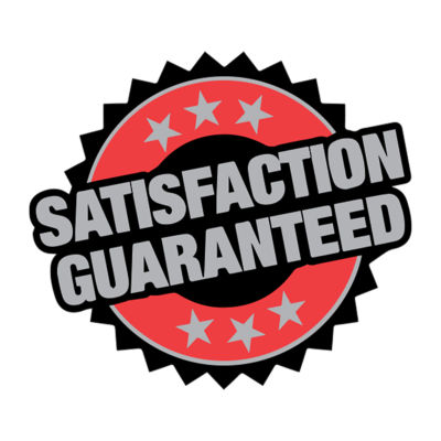 Satisfaction guaranteed ribbon with six stars on it.