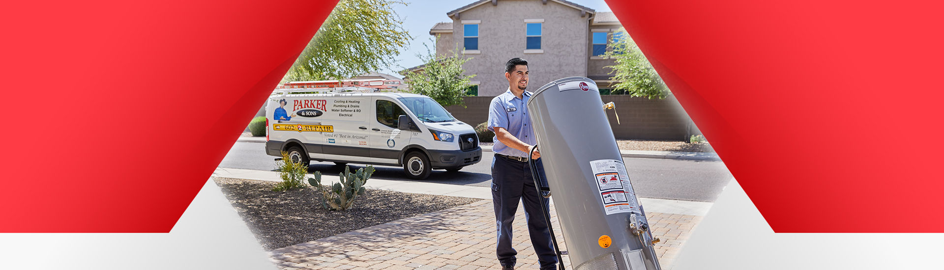 Parker & Sons technician smiling with water heater on dolly