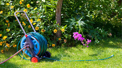 Hose neatly coiled in bakyard with flowers