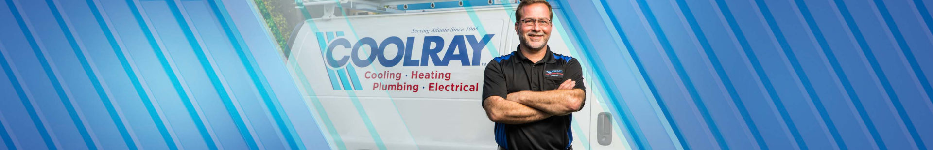 Coolray HVAC technivian in front of a service van